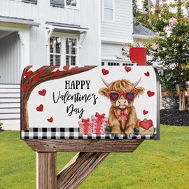 YINENA Happy Valentines Day Mailbox Cover Magnetic Highland Cow Love Heart Mailbox Cover Standard Size 21x18 Inch Post Letter Box Wrap Garden Yard Home Decor