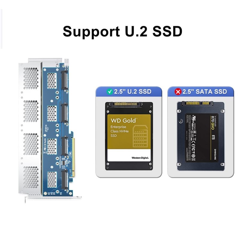 #10Gtek# PCIe 3.0 to (4) U.2 SFF-8639 Adapter, X16, for