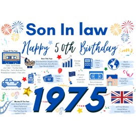 50th Birthday Card For Son In law, Birthday Card For Him, Happy 50 Greetings Card Born In 1975 Facts Milestone