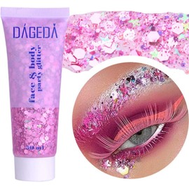 DAGEDA Pink Body Glitter Gel, Face Glitter Body Gel Sequins Shimmer Liquid Eyeshadow, Chunky for Face Hair Nails, Holographic Cosmetic Laser Powder Festival Makeup 50ml