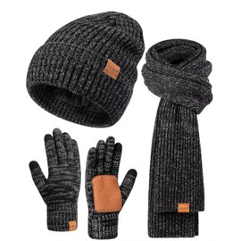 Winter Hat Gloves Scarf Set for Men Women, Mens Beanie with Fleece Lined Long Thick Scarf Touchscreen Gloves for Cold Weather, 3 in 1 Warm Gift Set(Mix-Black)