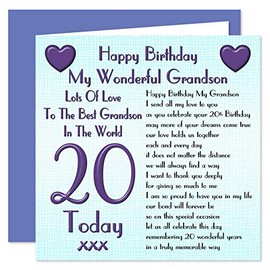 My Grandson 20th Happy Birthday Card - Lots Of Love To The Best Grandson In The World - 20 Today