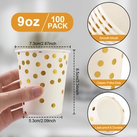 CEILIWEN Pack of 100 White Gold Party Cups, 9 OZ/250ml Gold Polka Dot Paper Cups, Paper Party Cups for Both Hot Drinks and Cold Drinks (White and Gold)
