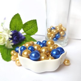Cymtoo 140 Pieces Pearl for Vase Filler Beads 10/14mm Pearl Beads No Hole Pearls for Centerpieces Makeup Beads for Brushes Holder, Home Wedding Decor (Gold, Blue)