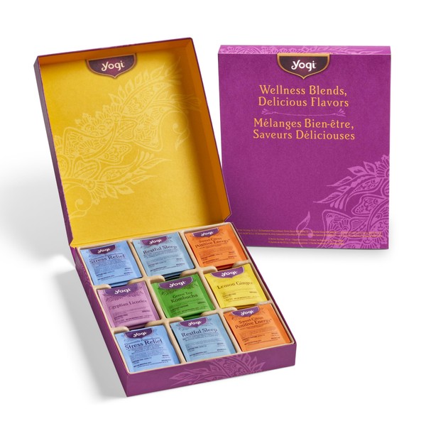 Yogi Canada Organic Tea Sampler Gift Box - Assorted Delicious Wellness Teas - 6 Favorite Herbal, Green & Black Teas - Tea Gift Set & Variety Pack (45 Tea Bags)