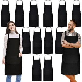 Incisite 12 Pack Bib Apron,White Aprons Bulk,Unisex Plain Bib Aprons with 2 Pockets,Blank Apron with Long Ties for Adults Cooking Painting BBQ Grilling Baking Machine Washable,70 x 60 CM (Black)