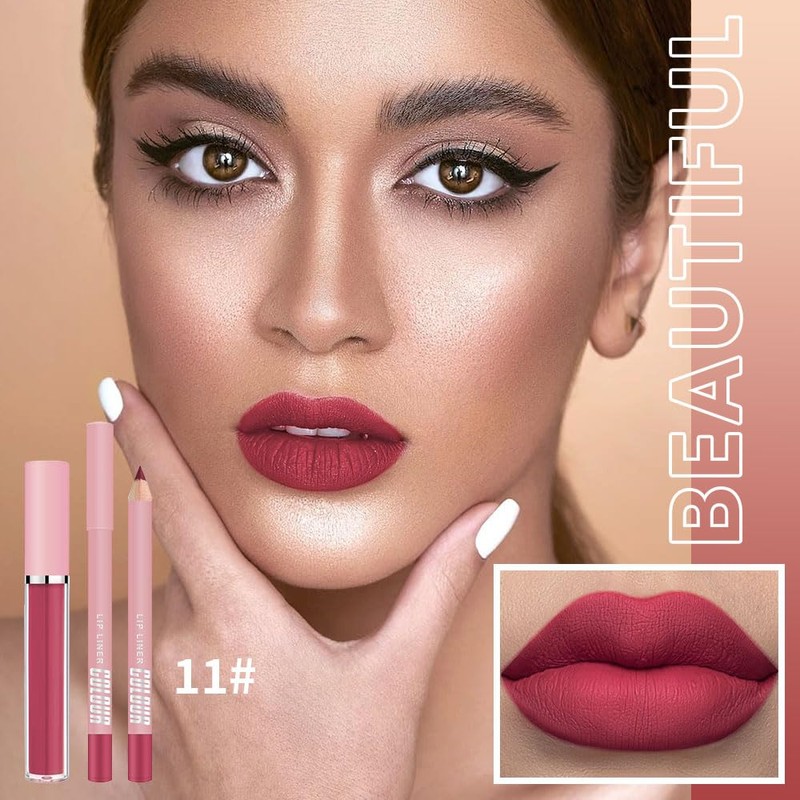 KXmzeG Matte Lip Liner Lip Gloss Set, Long Lasting Waterproof