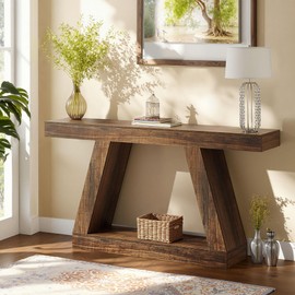 HIGREENA 55 Inch Entryway Table, 2-Tier Narrow Farmhouse Rustic Wooden Trapezoidal Console Table with Storage for Living Room, Hallway, Foyer Accent Sofa Table Behind Couch - Rustic Brown