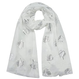 GFM® Mulberry Trees Silver Glitter Foil Print Scarf (White)(SCF-MBRY-SL-AT-103-SFD)