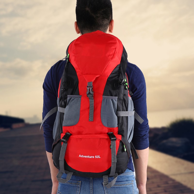 50L Waterproof Bag Camping Climbing Outdoor Travel Hiking Backpack Red