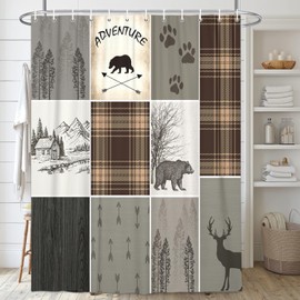 bzwcbei Rustic Cabin Bear Deer Shower Curtain, Country Grey Plaid Shower Curtain Set for Bathroom, Farmhouse Forest Nature Fabric Shower Curtain Restroom Bathtub Decor Accessories with Hooks (69x75)