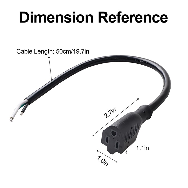 QTEATAK 50cm Female Connector Extension Cord - 125V 15A 2-Pole