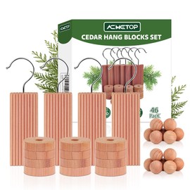 ACMETOP 46 Pack Cedar Hang Ups, 6 Rectangular Cedar Blocks + 6Hooks + 20 Round Cedar Blocks+20 Spherical Cedar Blocks for Clothes Storage, Aromatic Cedar Balls Hangers, Storage Accessories