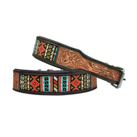 Leather Dog Collar Extra Small Size Western Style Heavy Duty Hand Tooled Adjustable Beaded and Padded Soft for Puppies and Big Dogs 10AB024-XS