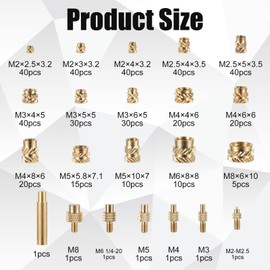 407pcs Brass Threaded Inserts for 3D Printing, M2 M2.5 M3 M4 M5 M6 Female Thread Metric Knurled Nuts Threaded Inserts Heat Set for Wood Plastic 3D Printer Interjection Molding