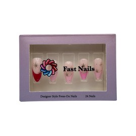 Fast Nails Press On Nails- 24 Pieces Glossy Red Pink French Tip with Glitter Gold Stars Medium Almond Glam Pink Ombre Reusable Nail Kit with Adhesive Tabs