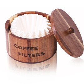 CATORY Coffee Filter Holder, Acacia Wood Coffee Filter Storage, Round Coffee Filter Container Coffee Bar Organizer, Rustic Coffee Filter Dispenser Basket For Coffee Bar Decor