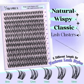 Yawamica Lash Clusters Wispy Cluster Eyelash Extensions 8-18mm Eyelash Clusters C Curl Individual Lashes 144pcs Waterproof Cluster Lashes with Soft Thin Band DIY Lash Extension