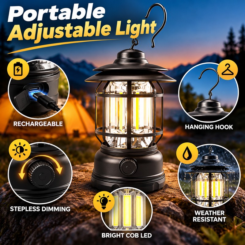 Rechargeable Camping Lantern – Stepless Dimming COB Portable LED Light