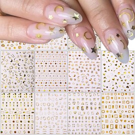 11 Sheets Gold Nail Art Stickers Decal,Stars Moon Nail Decals 3D Self-Adhesive Nail Art Supplies Metallic Stars Moon Planet Heart Glitter Nail Designs Sticker for Women DIY Acrylic Nails Decorations