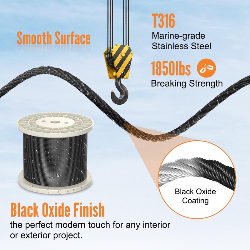 BLIKA 600FT 1/8" Black Stainless Steel Cable, T316 Marine Grade,