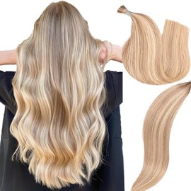 DIYOMO I Tip Hair Extensions - Human Hair, #16/22 Light Blonde Highlighted Bleach Blonde 20 Inch For Women Soft & Natural Itip Human Hair Extensions 50g 60s