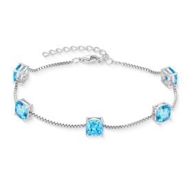 Inpasne Aquamarine Bracelet for Women 925 Sterling Silver Princess Cut Link Bracelet March Birthstone Jewelry Gifts for Her