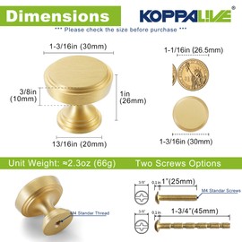 KOPPALIVE 10-Pack Solid Brass Kitchen Cabinet Knobs, Modern Gold Drawer Knobs for Dresser, Round Step Cabinet Knobs Pulls, Brushed Finish, Diameter 1-11/64 Inches