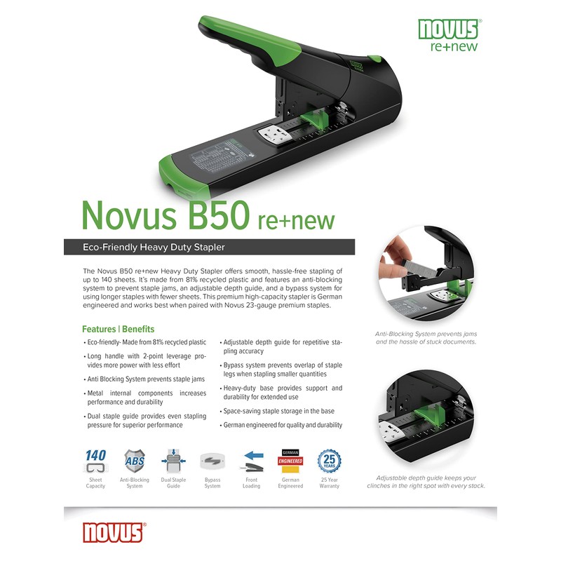 Novus B50 re+New Heavy Duty Stapler, 140 Sheet Capacity, Made