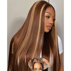 Highlight Straight Glueless Wigs Human Hair Pre Plucked Pre Cut 4/27 Wear and Go Glueless Wigs Human Hair 13X4 HD Lace Front Wigs for Women Honey Blonde 180% Density Colored Straight 30Inch