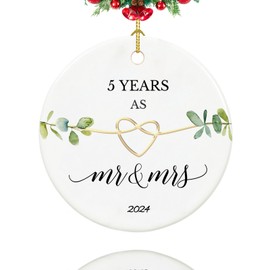 5th Anniversary Ornament, Gifts for 5th Weeding Anniversary, Wood Anniversary Couple Gifts for Her,Couple,Him, 2.9" Ceramic 5 Year as Mr and Mrs Christmas Ornament 2024