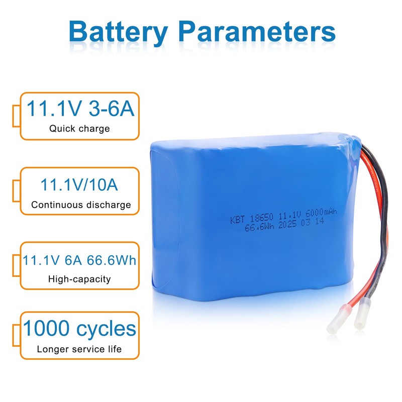 KBT 11.1V-12.6V 6000mAh Rechargeable Li-ion Battery with Bare Leads for