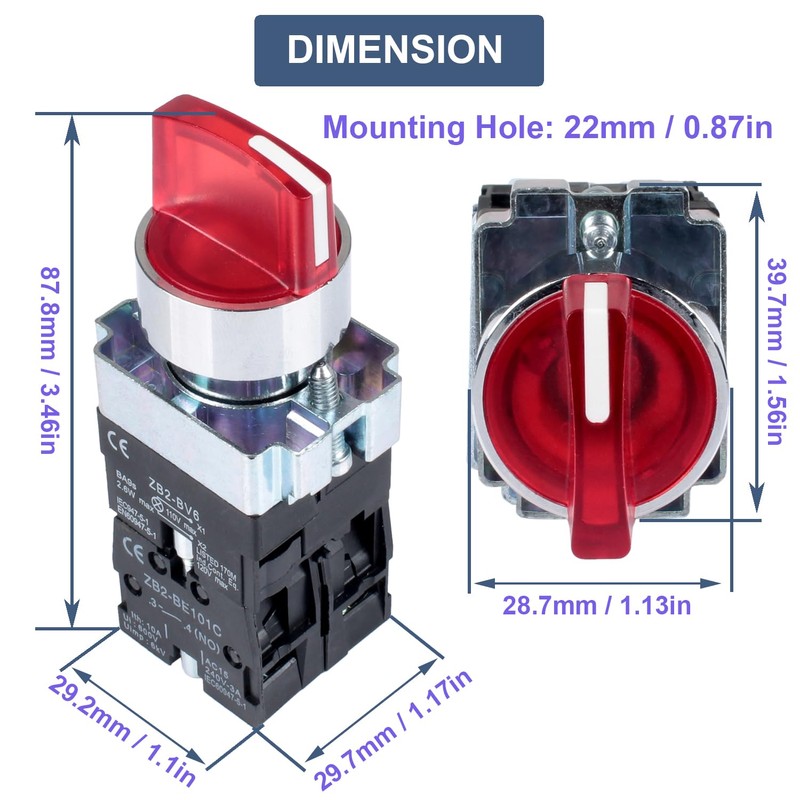 DMWD 2pcs 22mm Latching Selector Switch 110V with Red Light