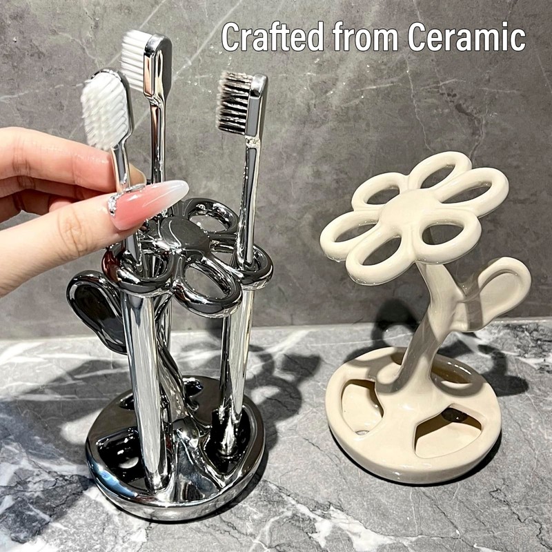 Floral Ceramic Toothbrush Holder Toothbrush Holders for bathrooms (Silver)