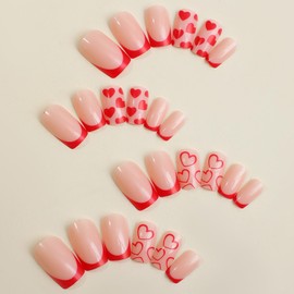 Red French Tip Press on Nails Short Fake Nails with Designs Glossy Valentines Glue on Nails Square Static Nails Hollow out Heart False Nails Red Nails Press on Acrylic Nails Stick on Nails for Women