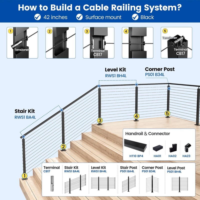 Muzata Black Corner Cable Railing Post 42 Inch 42"x2"x2" T-drilled