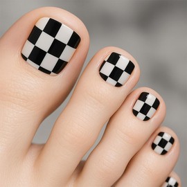 Cute Press on Toenails Short Square Fake Toenails Black and White Checkerboard False Nails with Designs Gloss Glue on Toenails Summer Acrylic Toe Nails Art Reusable Nail for Women Girls 24Pcs