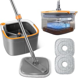 Spin Mop and Bucket Set, with Automatic Separation of Dirty and Clean Water and Automatic Wringing 360° Swivel Square mop Head for Hardwood Tile and Marble Floors (Mop Set with 2pads)