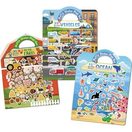 Reusable Puffy Sticker Book for Kids – Cute Restickable Stickers, Toddler Travel Toys for Airplane, Car Road Trip, Keep Toddlers Entertained, Quiet Activity for Ages 1-3 2-4 3-5, Screen-Free Fun:_Farm, Vehicles & Ocean