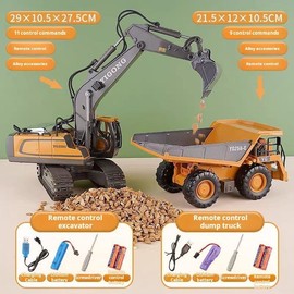 RC Construction Truck, 2.4G High Tech 11 Channels RC Excavator Dump Trucks Bulldozer Alloy Plastic Engineering Vehicle Electronic Toys:_Excavator+Dump Truck【two-in-on】