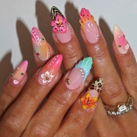 24Pcs Almond False Nails Medium, 3D Handmade French Fake Nail Kit, Soft Gel Press on Nails with Flowers Rhinestones Design, Summer Beach Glossy Elegant Full Cover Stick on Nails for Women Girls