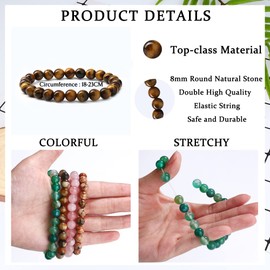 JeryWe 12 Pcs 8mm Beaded Bracelets for Women Men Healing Natural Stone Bracelet Semi-Precious Gemstones Bracelets Crystal Adjustable Stretch Mens Bracelets Beads Set