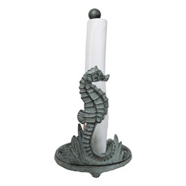 Ebros Gift Cast Iron Verdigris Nautical Marine Seahorse with Metal Filigree Scroll Patterned Base Kitchen Paper Towel Holder Stand Sea Horse Hippocampus Beach Ocean Home Decor Accent