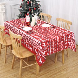 LinTimes Christmas Table Cloth Christmas Reindeer Snowflake Print Table Cloth for Christmas Dinner Party Kitchen Decor 52 x 52 Inch Red