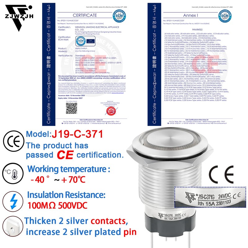 15Amp Latching Push Button Switch 19mm Green 12V 24V Power