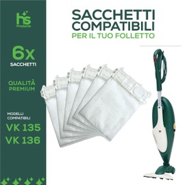 6 Compatible Microfibre Dust Bags for Kobold VK135 and VK136 5-Layer Filtration Anti-Pollen Dust Mite for Animal Hair and Rubber Seal for Perfect Suction