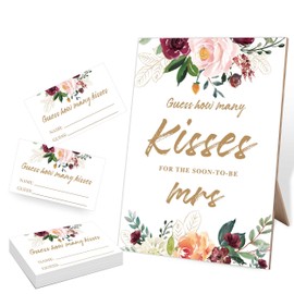 Zhminz Guess How Many Kisses Bridal Shower Game, 5X8 Burgundy Floral Style Sign & 50 Cards, Wedding Decor, Wedding Shower Games for Bridal Shower, Engagement Party, Bachelorette Party Night, 2