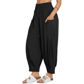 TARSE Women Linen Pants Summer Casual Loose High Waist Palazzo Harem Pants 2025 Beach Travel Vacation Outfits, Black, XL