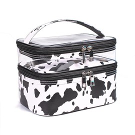 imerelez Double-layer Cosmetic Bag Makeup Bag Travel Makeup Bag Makeup Bags for Women Cosmetics Cases Portable Waterproof Foldable (Cow Print)