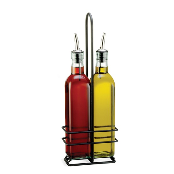 Tablecraft Oil Vinegar Set and Stainless Steel Pourers with Black Chrome Plated Rack, 16 oz, Clear
